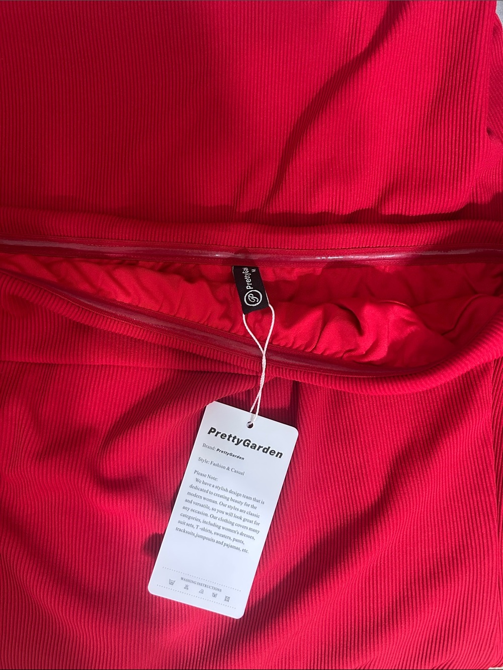 PrettyGarden Ribbed Red Strapless Summer Dress Sz M NWT length 46’ - Picture 6 of 9